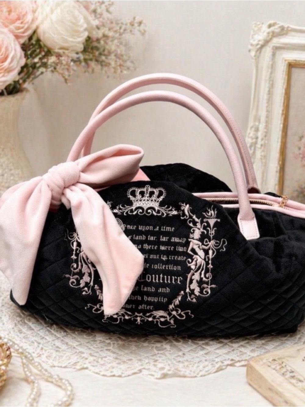 NWT Juicy Couture Black Quilted Velour Bow Satchel Purse